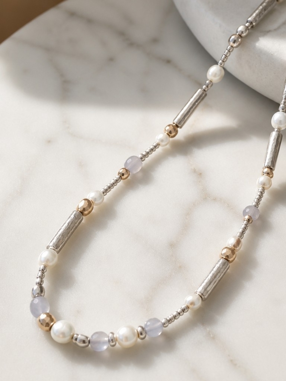 Pearl & Mixed Metal Beaded Necklace in White and Silver